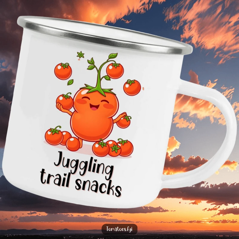 Funny Camping Mug: A tomato giggles while juggling cherry tomatoes. A funny gift.