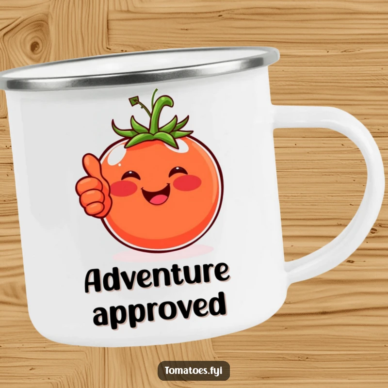 Funny camping mug featuring a happy tomato with rosy cheeks and a thumbs-up, perfect for positive outdoor moments.
