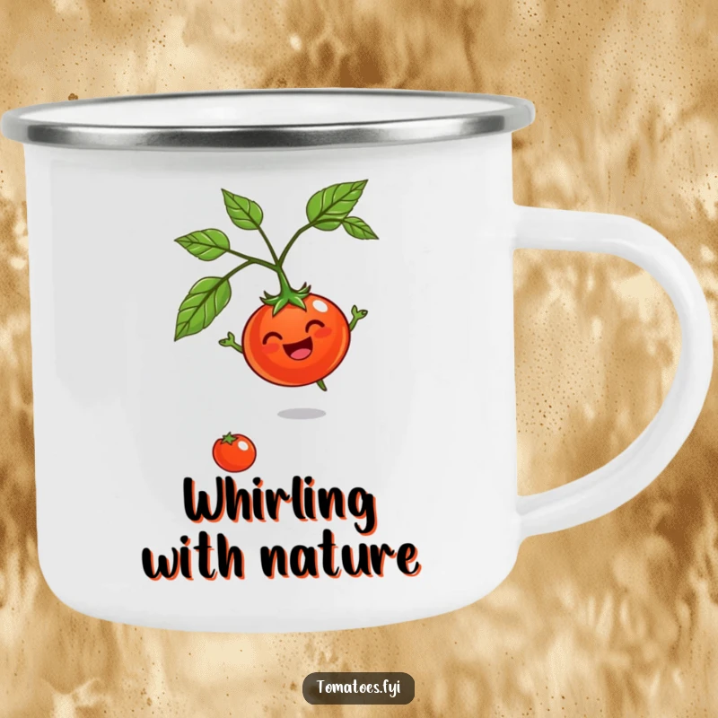 Funny Jovial Tomato Camping Mug: A durable mug showing a happy tomato character spinning merrily outdoors.