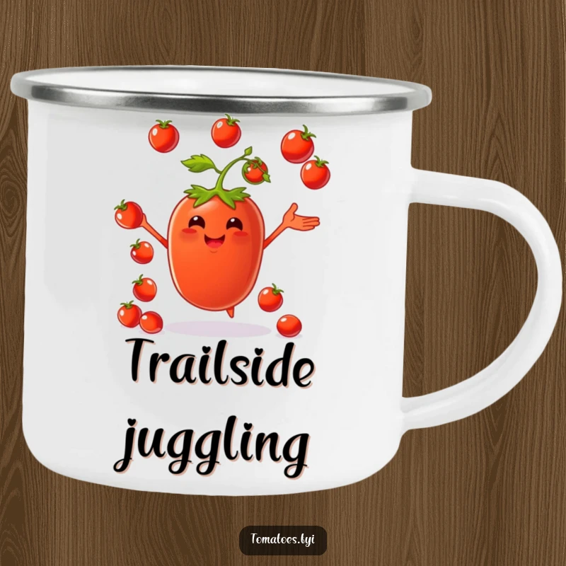 Funny camping mug with a happy tomato character juggling small cherry tomatoes, bringing cheerful energy outdoors.