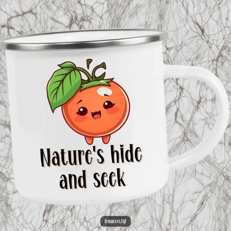 Funny camping mug with a cheerful tomato character peeking from behind a leaf, ready to hold your favorite beverage outdoors.