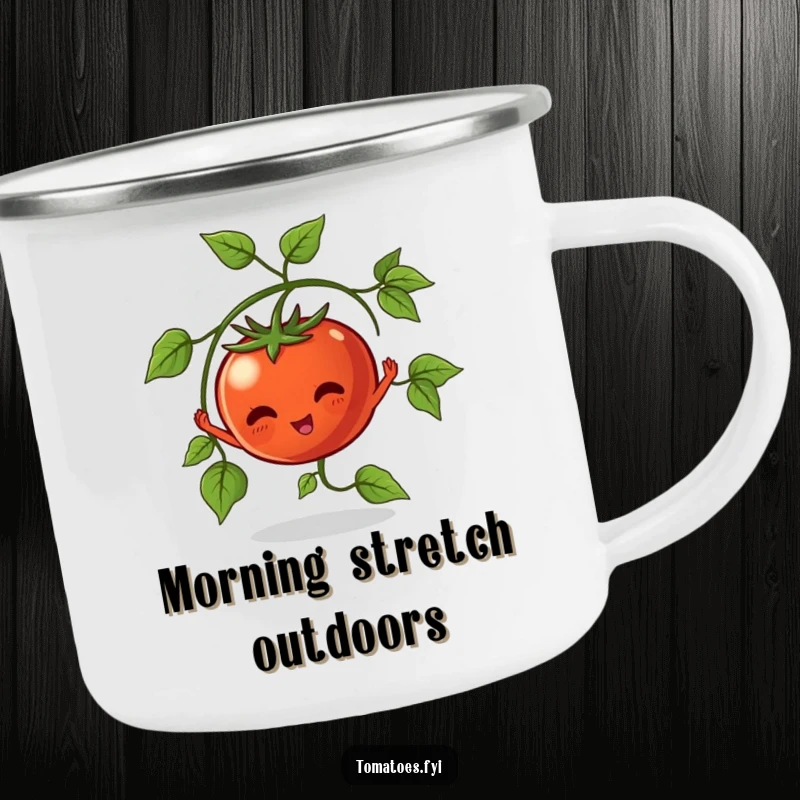 Funny Camping Mug of a vine tomato character stretching its leaves, perfect for nature-loving outdoor moments.