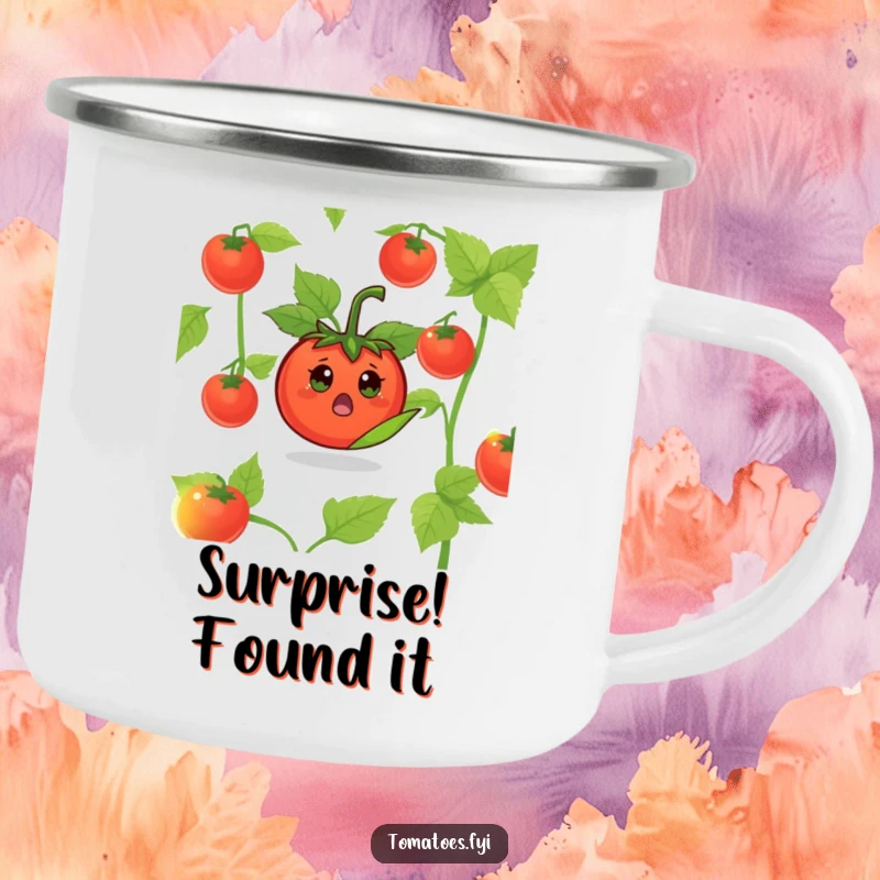 Funny Surprised Tomato Camping Mug: A durable mug showing a surprised tomato character popping out from a leaf.