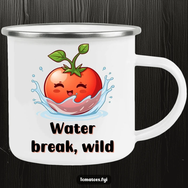Funny camping mug depicting a tomato character happily splishing and splashing, perfect for outdoor drinks with a playful theme.