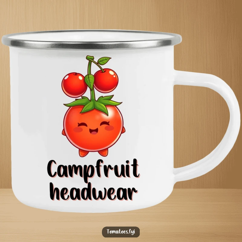 Funny tomato character comically attempting to wear a cherry as a hat, printed on a rugged camping mug.
