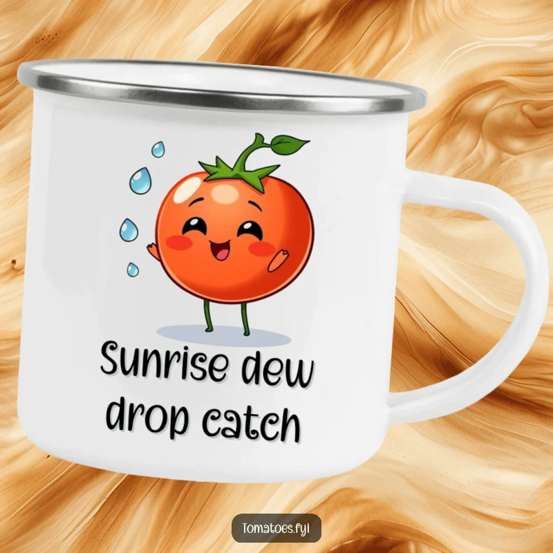 Funny tomato character joyfully juggling three tiny dew drops on this durable camping mug, for outdoor whimsy.