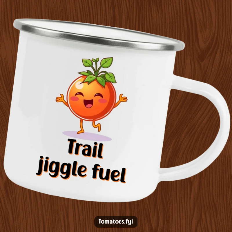 Funny cheerful tomato character doing a happy jig with sprouts, on a durable and funny camping mug.