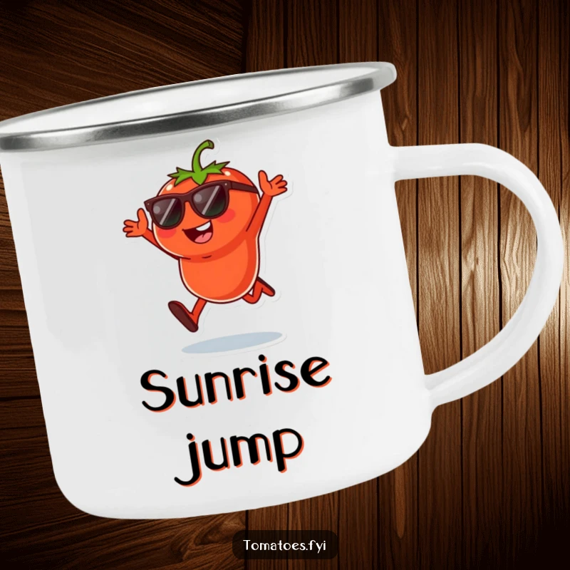 Funny camping mug with a cool tomato character in sunglasses mid-playful jump, perfect for energetic outdoor mornings.