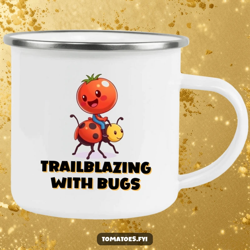 Funny enamel camping mug showing a tomato character comically riding a ladybug like a tiny steed, perfect for outdoor humor.