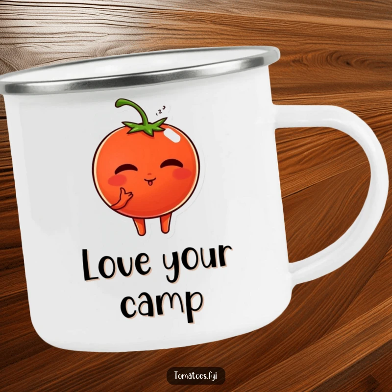 Funny camping mug shows a sweet tomato character blowing a kiss, ideal for outdoor drinks with a touch of romantic humor.