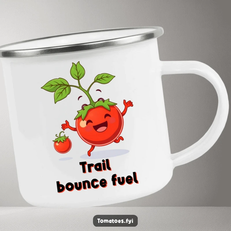 Funny camping mug depicts a grinning tomato parent bouncing a tiny tomato, perfect for outdoor drinks and humorous campsite vibes.