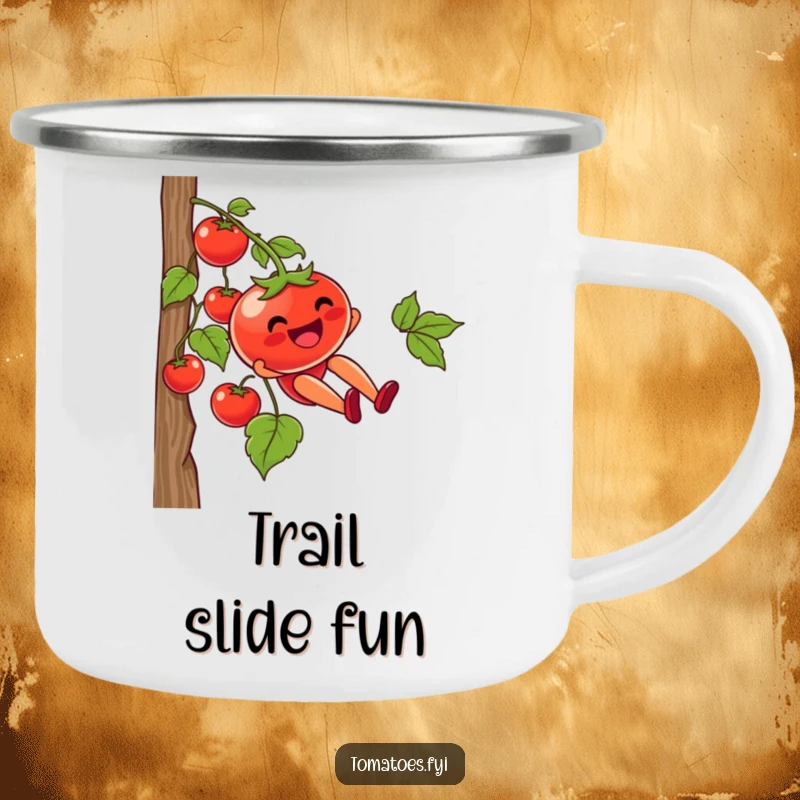 Funny camping mug with a tomato character joyfully sliding down a vine, designed for outdoor enjoyment and humorous moments.