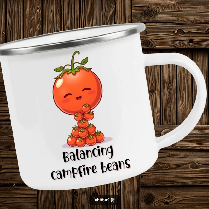 Funny camping mug featuring a winking tomato character balancing tiny tomatoes, ideal for outdoor adventures.