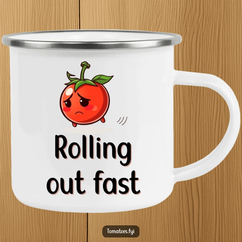 Funny camping mug with a worried tomato character rolling away, perfect for relatable outdoor coffee moments.