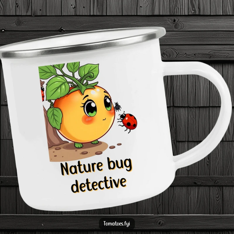 Funny Camping Mug featuring a curious tomato character with wide eyes, sniffing a ladybug, perfect for humorous outdoor drinks.