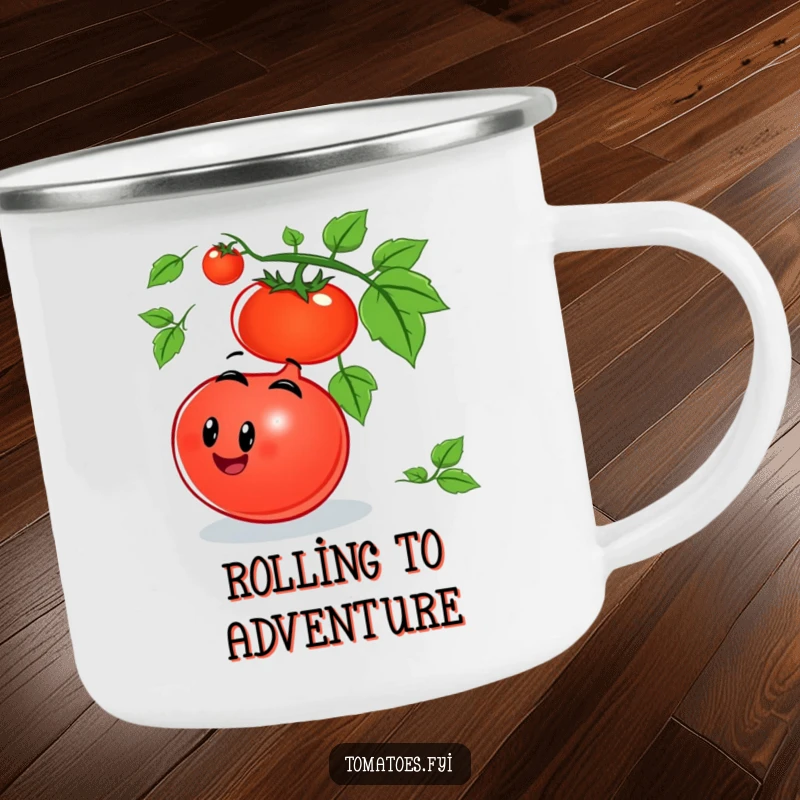 Funny tomato camping mug featuring a smiling tomato character joyfully rolling down a vine, ideal for outdoor beverages with humor.