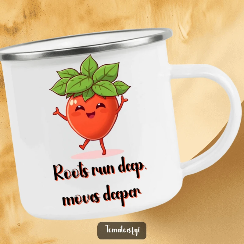 Funny camping mug featuring a happy tomato character in a leaf hat, dancing joyfully, perfect for outdoor enthusiasts.