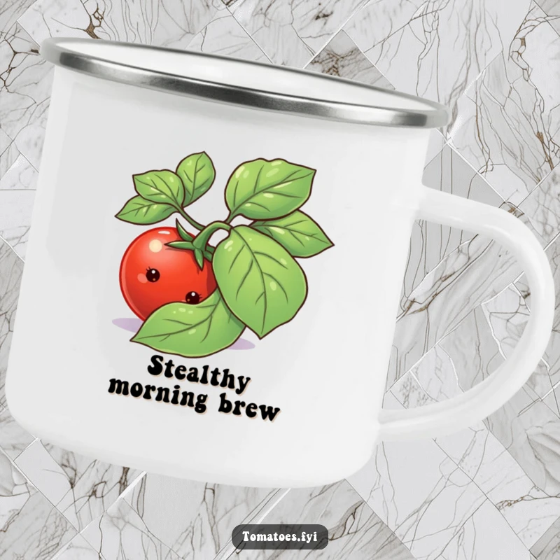 Funny shy tomato character peeking from behind a basil leaf on a sturdy enamel camping mug.