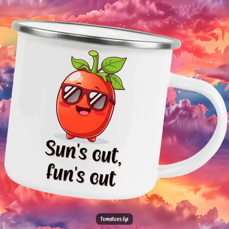 Funny Tomato Sunglasses Camping Mug: A durable mug featuring a cool tomato in sunglasses, ideal for outdoor fun.