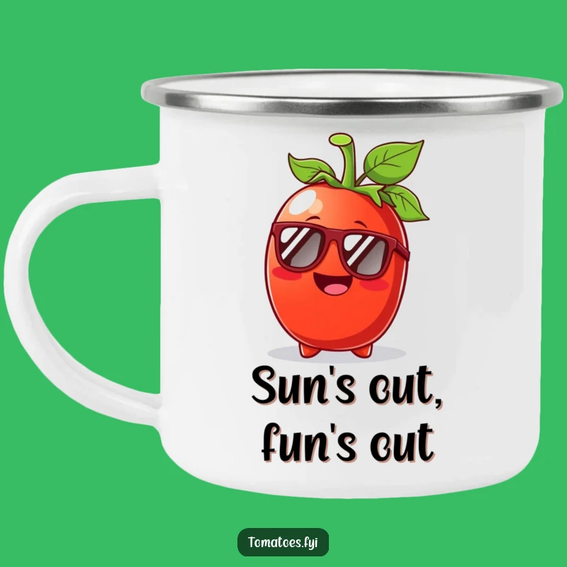 Funny Tomato Sunglasses Camping Mug: Outdoor sunny adventures, great funny gift for campers.