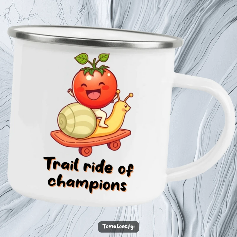 Funny tomato character riding a snail enthusiastically like a rollercoaster on this durable camping mug, for outdoor laughs.