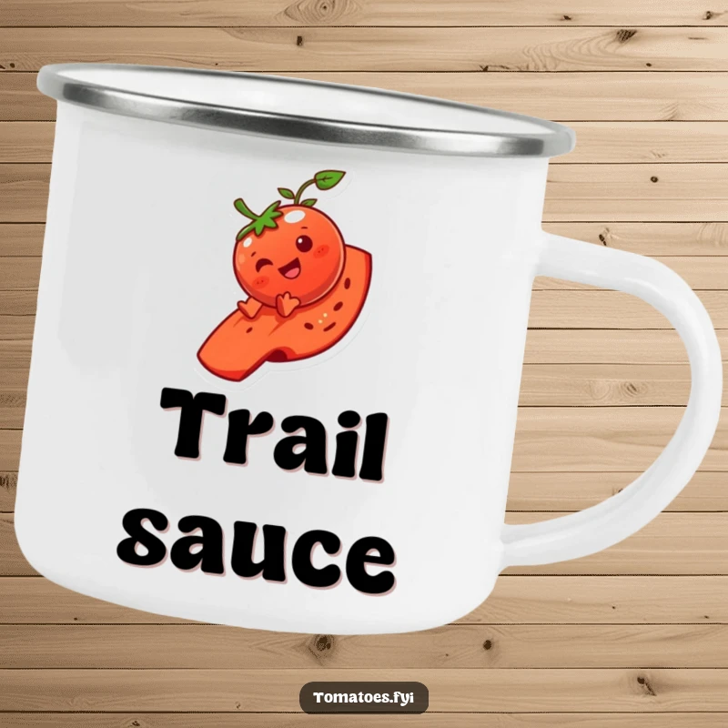 Funny tomato character camping mug, joyfully sliding down a tomato slice, designed for outdoor laughs and warm drinks.