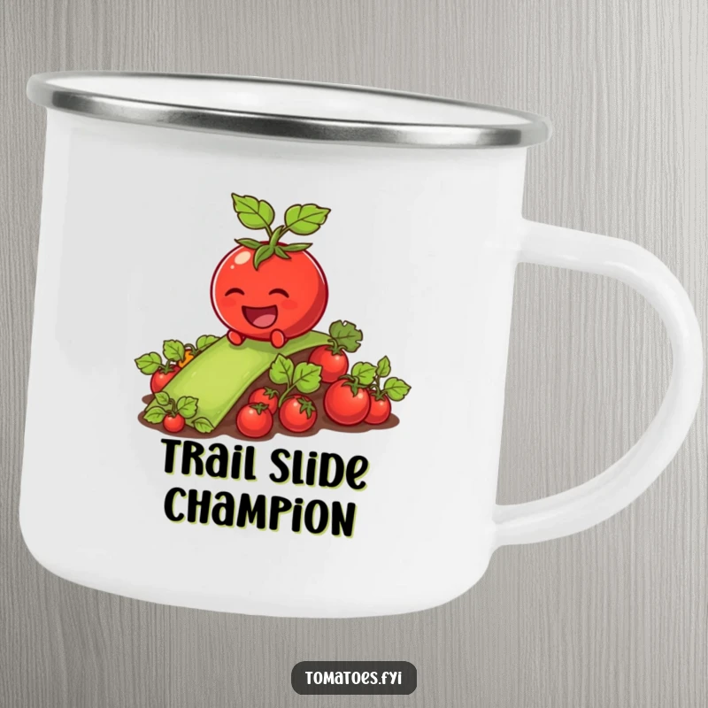 Funny tomato character sliding down a vegetable patch on a sturdy enamel camping mug.