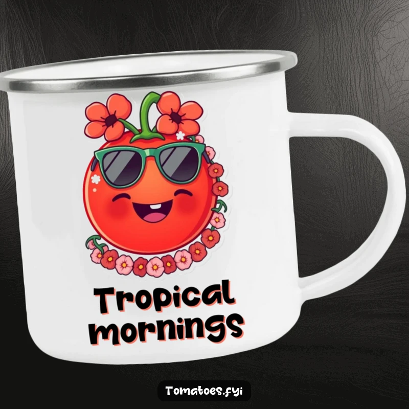 Funny tomato camping mug, a smiling tomato with sunglasses and a lei, designed for outdoor adventures with a humorous tropical theme.