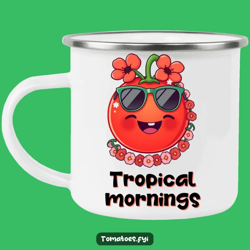 Funny Tomato Lei Camping Mug - Tropical Adventures Start Here