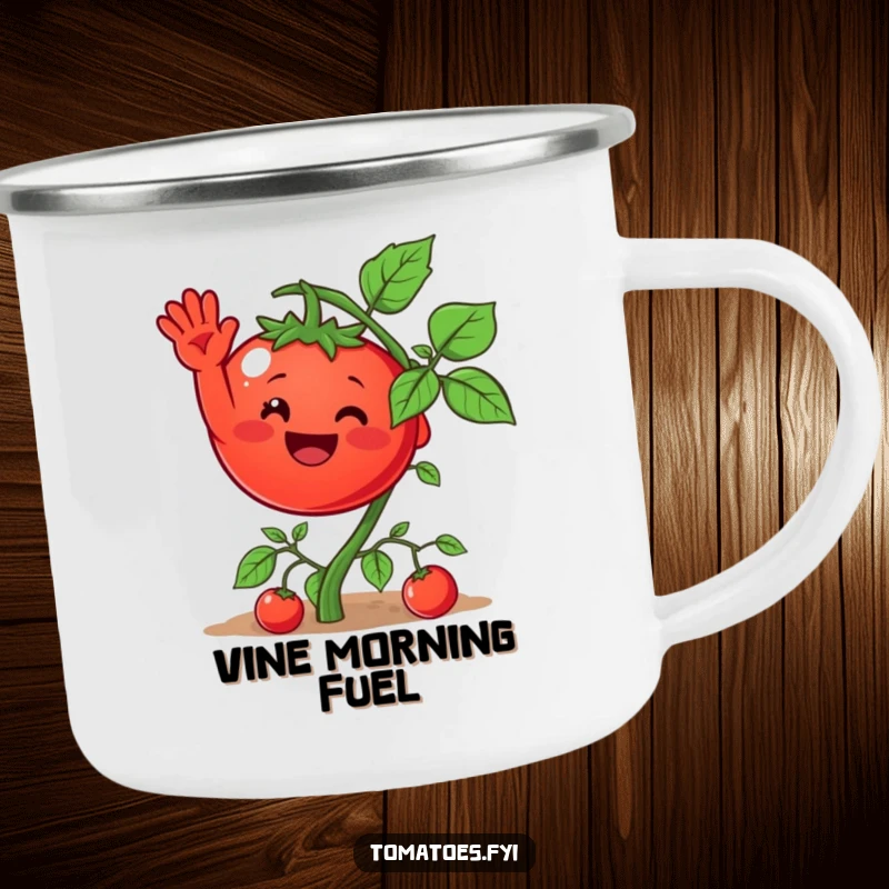 Funny camping mug with a waving tomato character on its vine, ready for outdoor adventures and a good laugh.