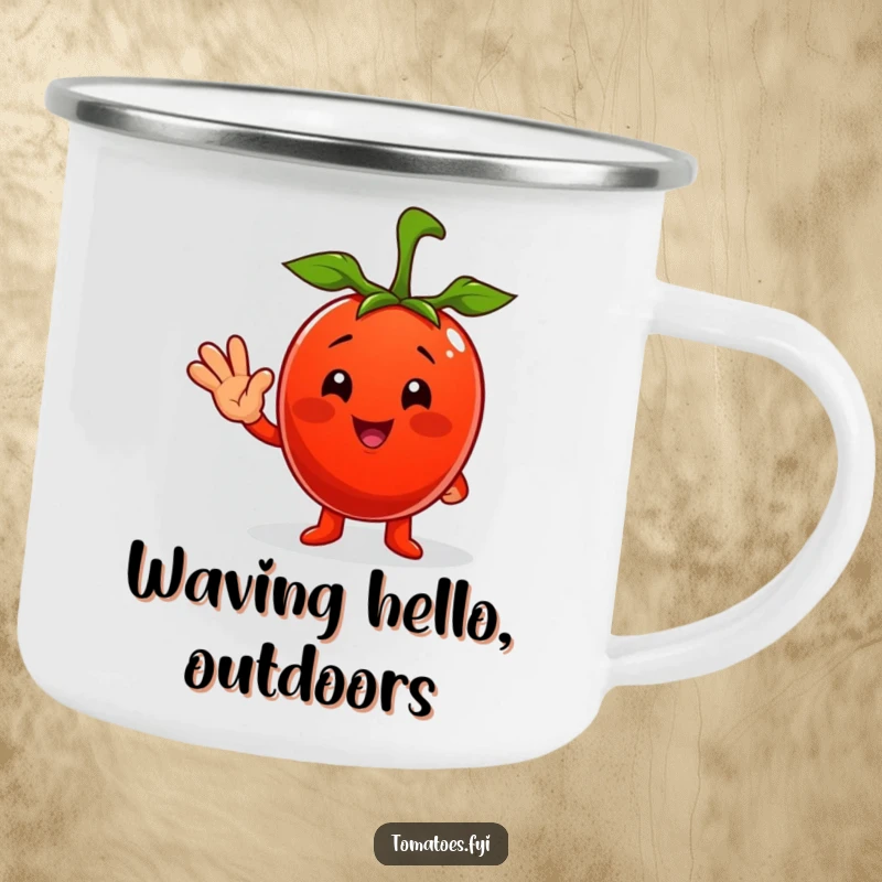 Funny camping mug featuring a cheerful tomato character waving hello, perfect for enjoying drinks outdoors with a smile.