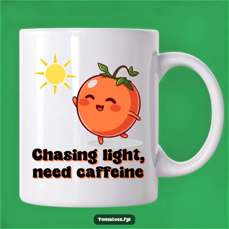 Funny Tomato Chasing Sunbeam Mug - Hilarious Cartoon Character Gift