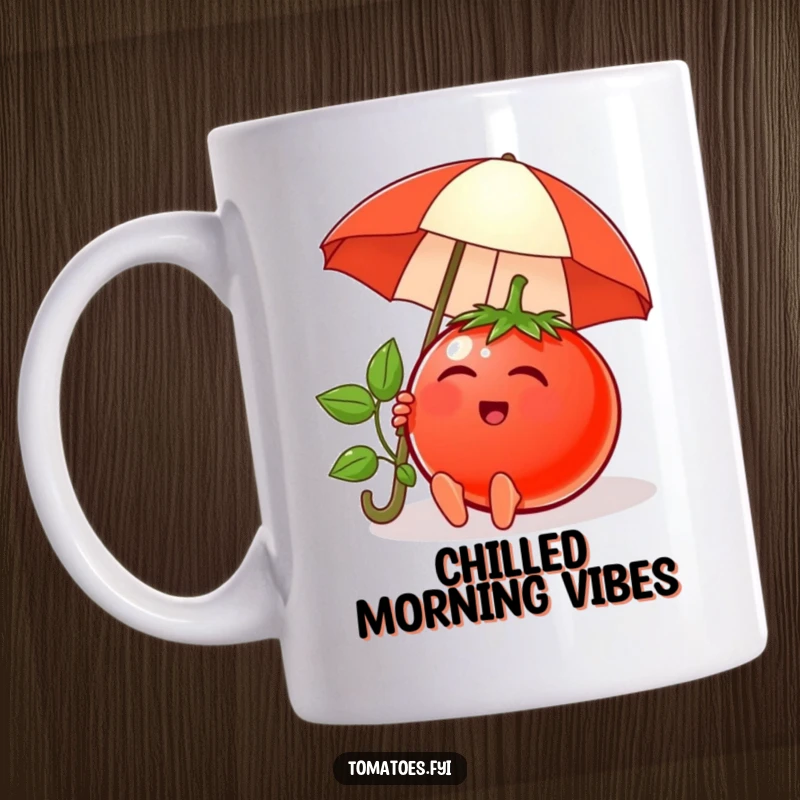 Funny mug featuring a content tomato character relaxing under a tiny umbrella, radiating peace and leisure.