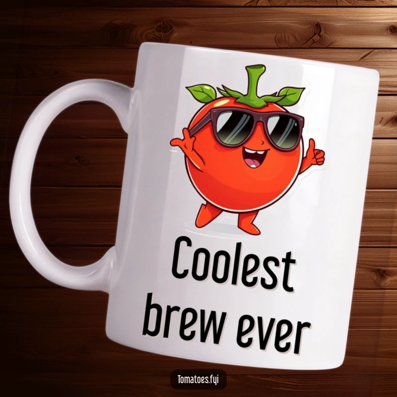 Funny tomato character wearing sunglasses and striking a cool pose, on a funny, stylish mug.