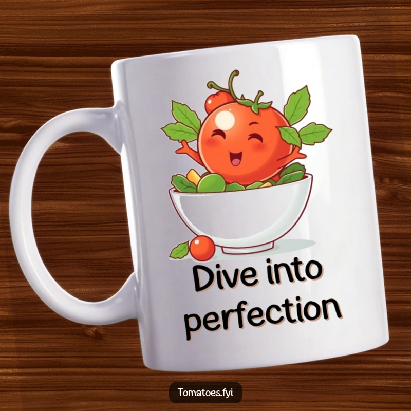 Funny mug with a winking tomato character doing a cool dive into a salad bowl, a humorous and refreshing design.