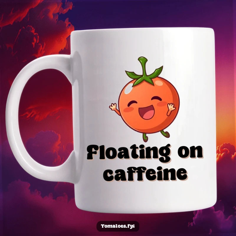Funny mug showing a thrilled tomato character being carried by a gentle breeze, a whimsical and cheerful design.