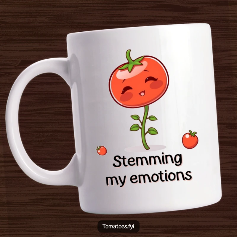 Funny mug showing a blushing tomato character comically struggling to balance upright on its tiny stem, expressing adorable awkwardness.