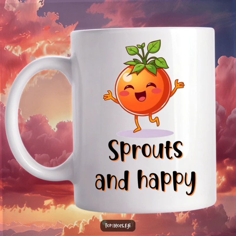 Funny cheerful tomato character doing a happy jig with leafy green sprouts, on a funny mug.
