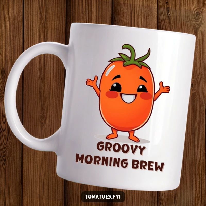 Funny mug featuring a grinning tomato character busting a move with a silly disco dance, radiating pure joy.