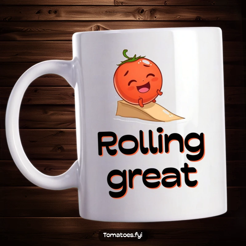 Funny mug showing a giggling tomato character joyfully rolling down a small incline, radiating pure, unadulterated happiness.