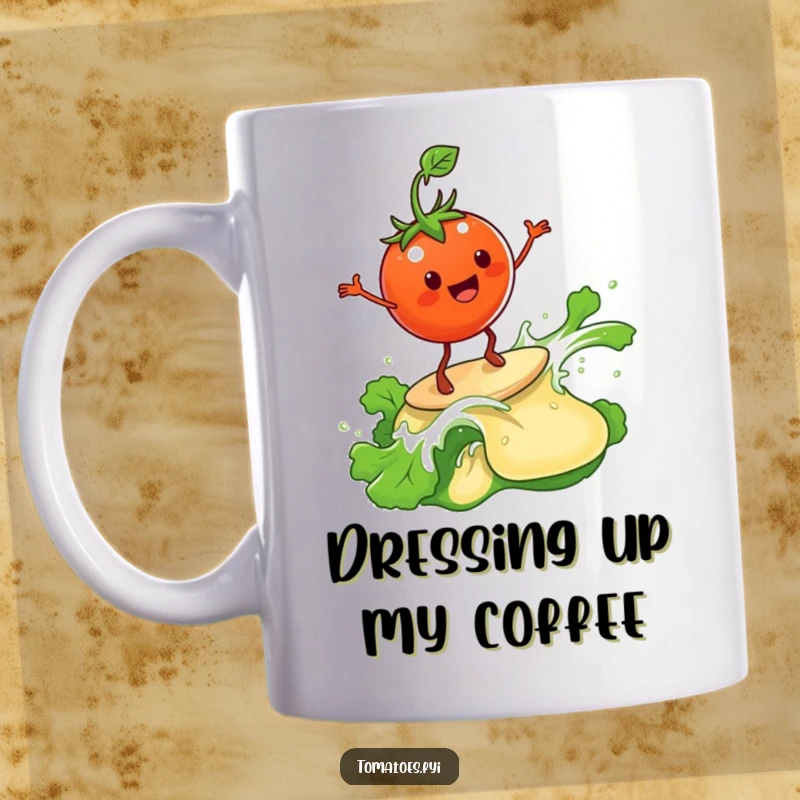 Funny Mug: A happy tomato character joyfully surfs a large wave made of salad dressing. A funny gift.