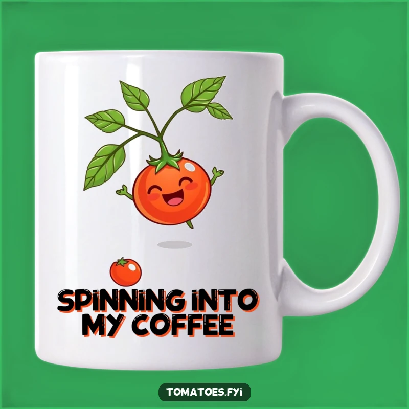 Funny Jovial Tomato Mug: Spinning joyfully, perfect funny gift for laughter lovers.