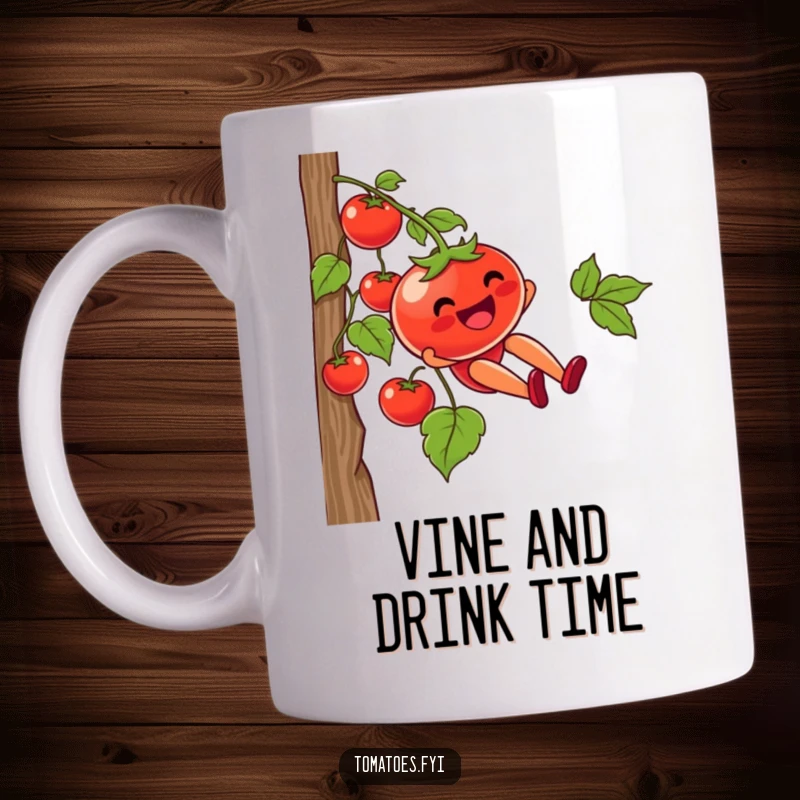 Funny mug depicting a tomato character joyfully sliding down a vine with a happy expression, showcasing a fun and adventurous food theme.