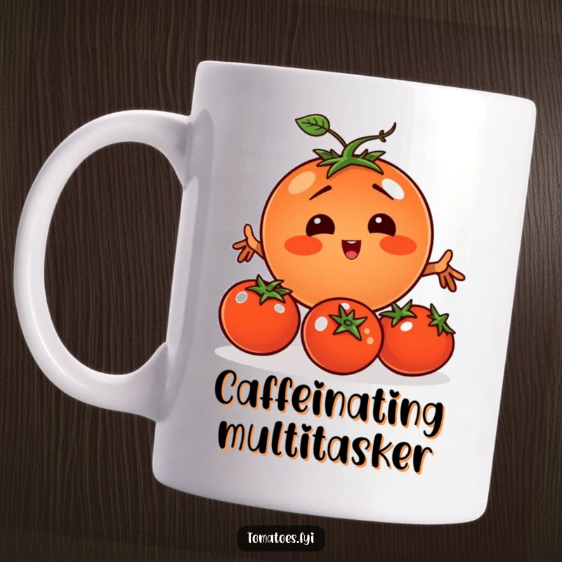 Funny tomato character comically attempting to juggle three smaller tomatoes on a coffee mug.