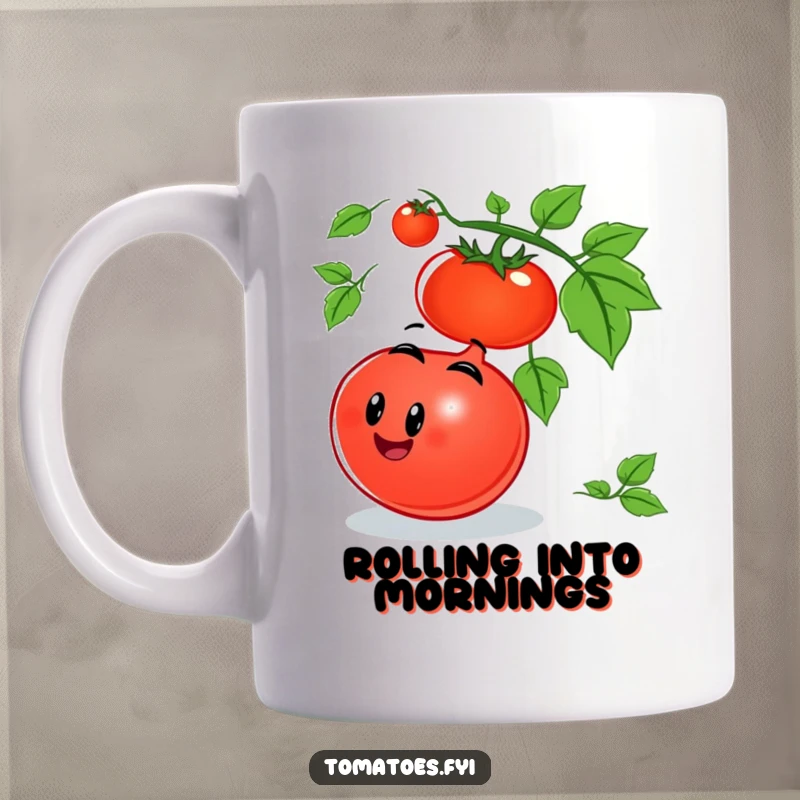 Funny tomato mug featuring a smiling tomato character joyfully rolling down a vine, capturing a moment of pure bliss.
