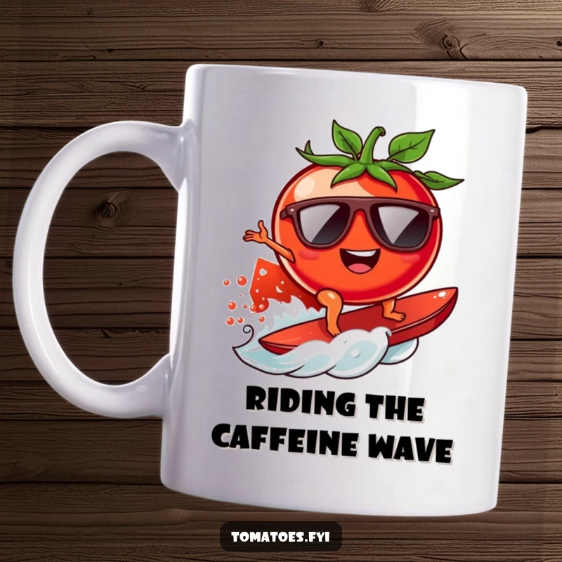 Funny surfing tomato mug featuring a cool tomato character wearing sunglasses, expertly riding a juicy tomato wave.
