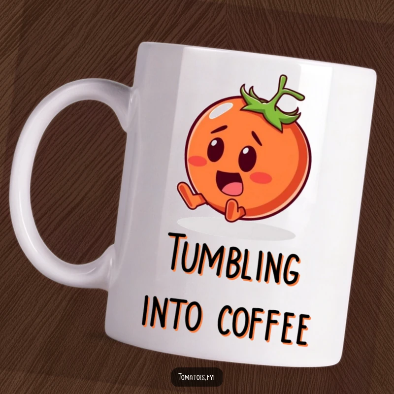 Funny Mug featuring a surprised tomato character comically tumbling head over heels with a wide, happy smile, a humorous moment of glee.