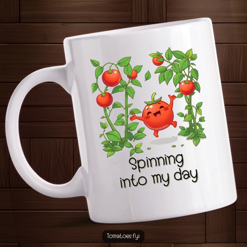 Funny mug featuring a joyful cartoon tomato mid-cartwheel amidst vibrant greenery, radiating pure happiness.