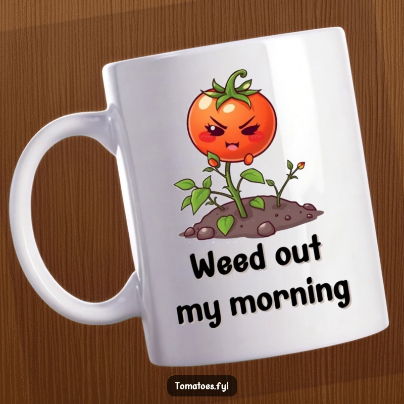 Funny mug featuring a determined cartoon tomato heroically attempting to climb a tiny weed, symbolizing perseverance.