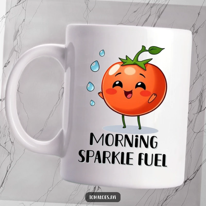 Funny tomato character joyfully juggling three tiny dew drops on this mug, a whimsical and delightful scene.